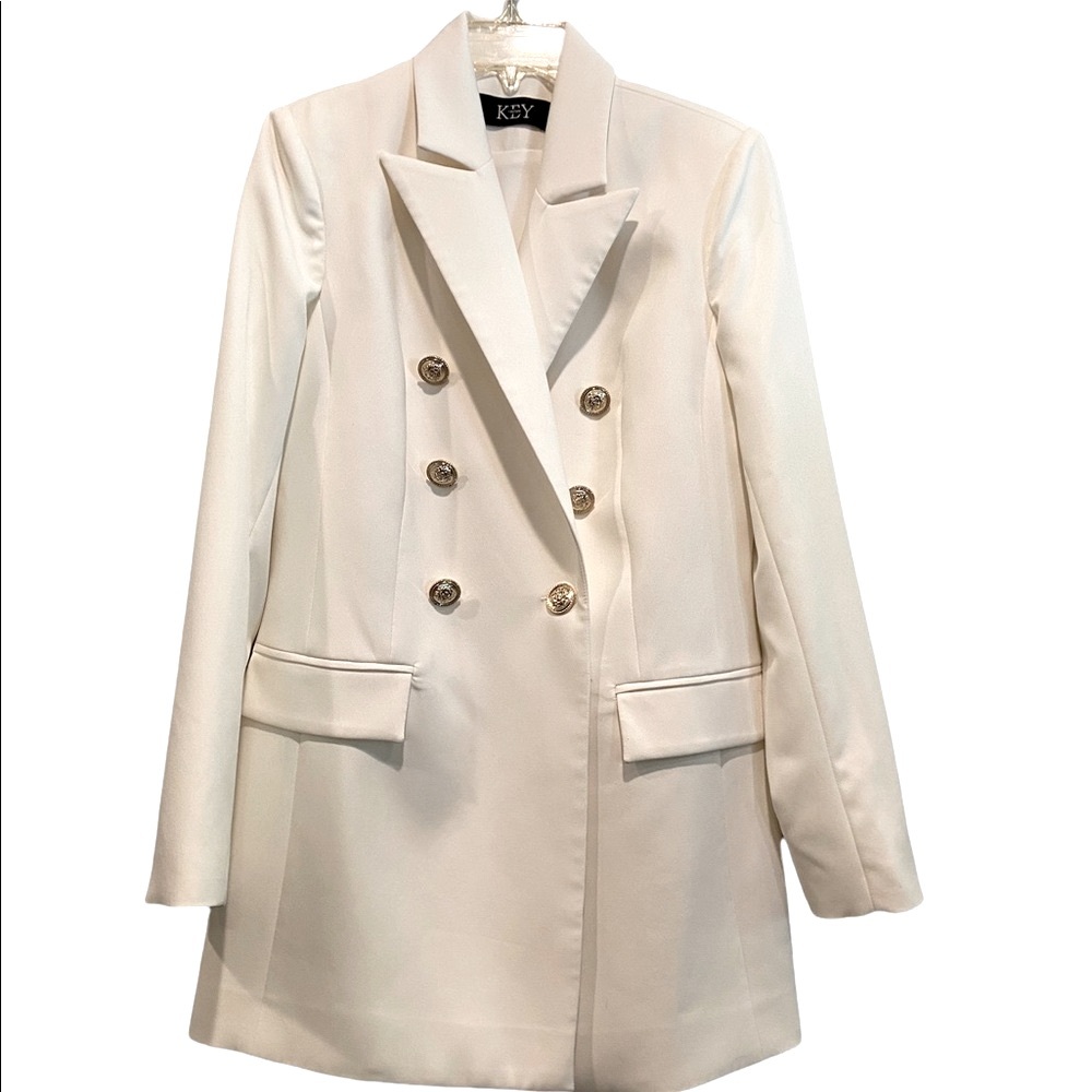 White lined crepe double breasted blazer coat dress